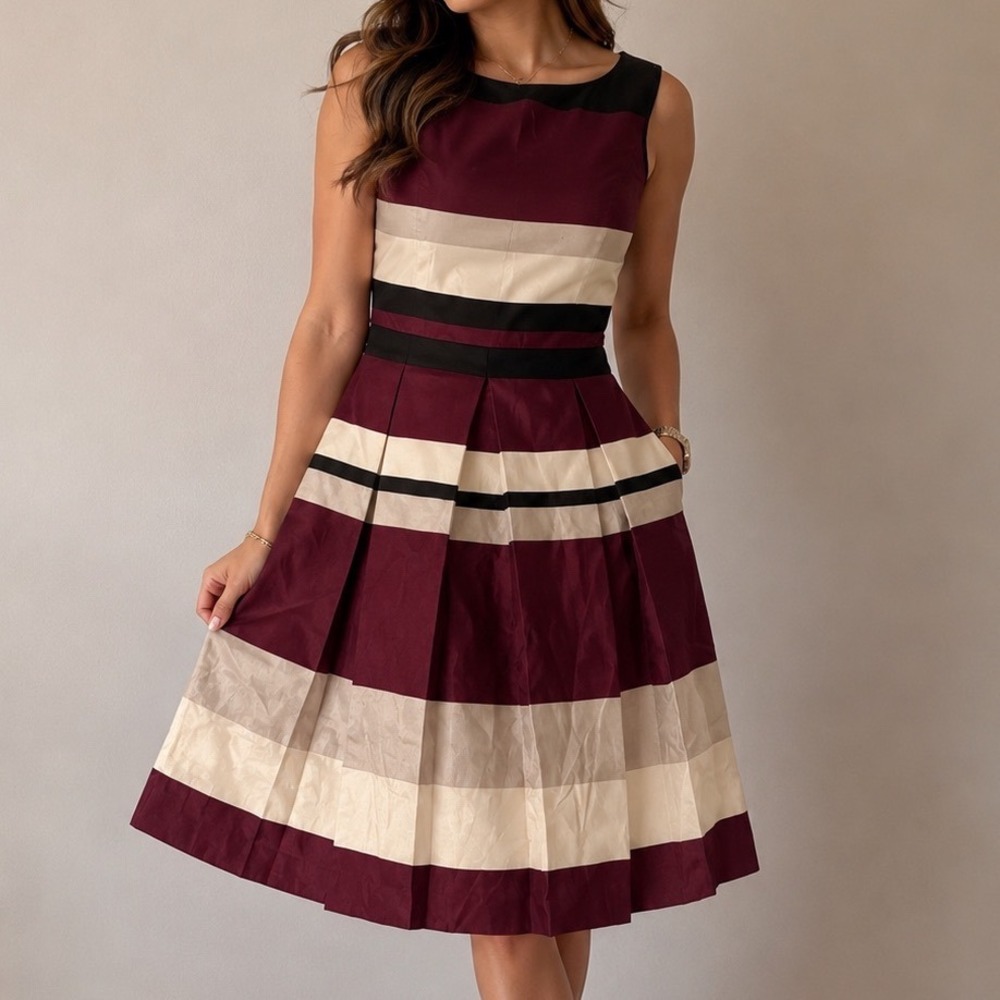 Antonio Melani Behati Striped Fit Flare Dress Malbec Black Burgundy Size 4 ee